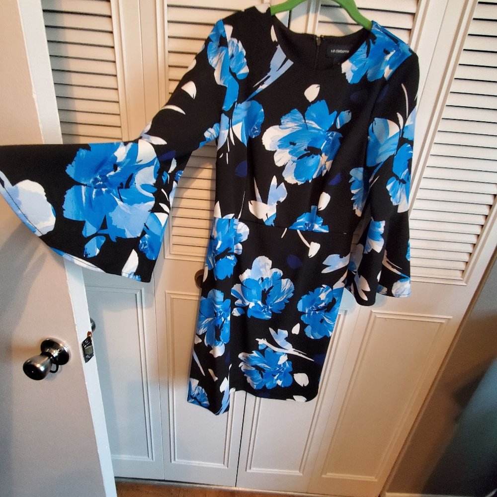 Black, blue and white dress with bell sleeve